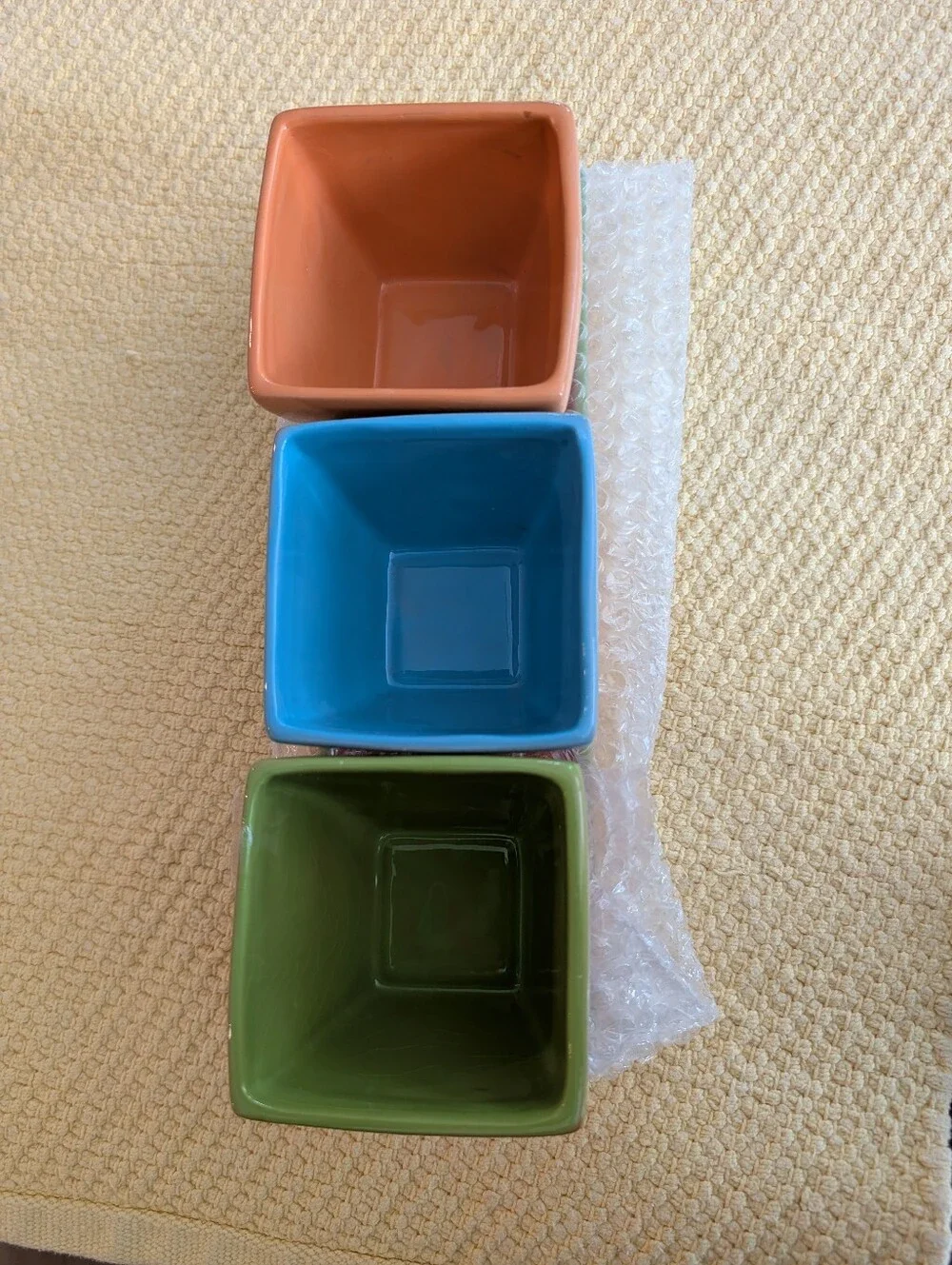 Hallmark Ceramic Square Bowls in Orange, Blue, and Green with tray